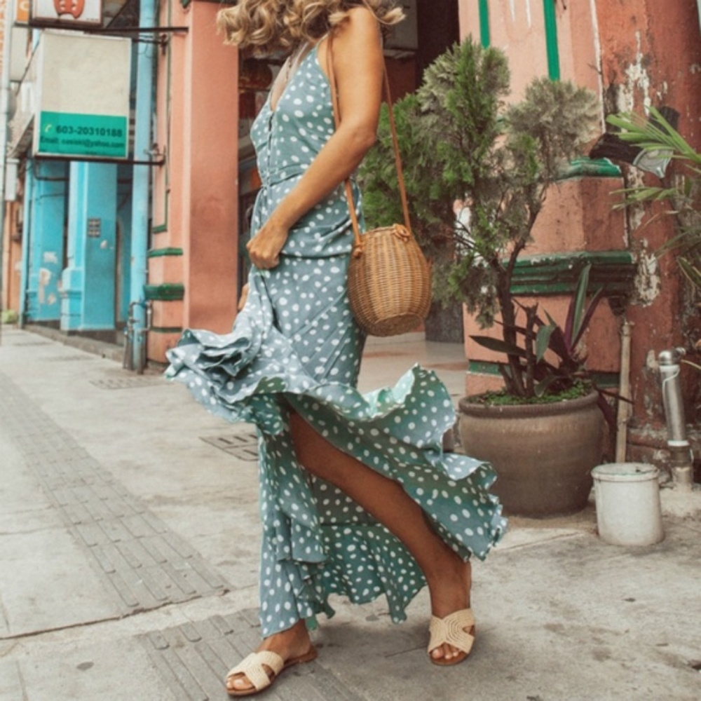 Boho Rust polka dot ruffle button up maxi Dress - Picture 5 of 7